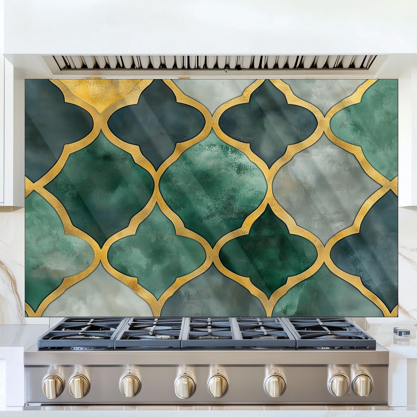 Moroccan Style Glass Backsplash, Blue Geometric Stove Guard, Heat Resistant Easy Clean Kitchen Art