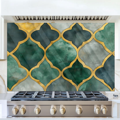 Moroccan Style Glass Backsplash, Blue Geometric Stove Guard, Heat Resistant Easy Clean Kitchen Art