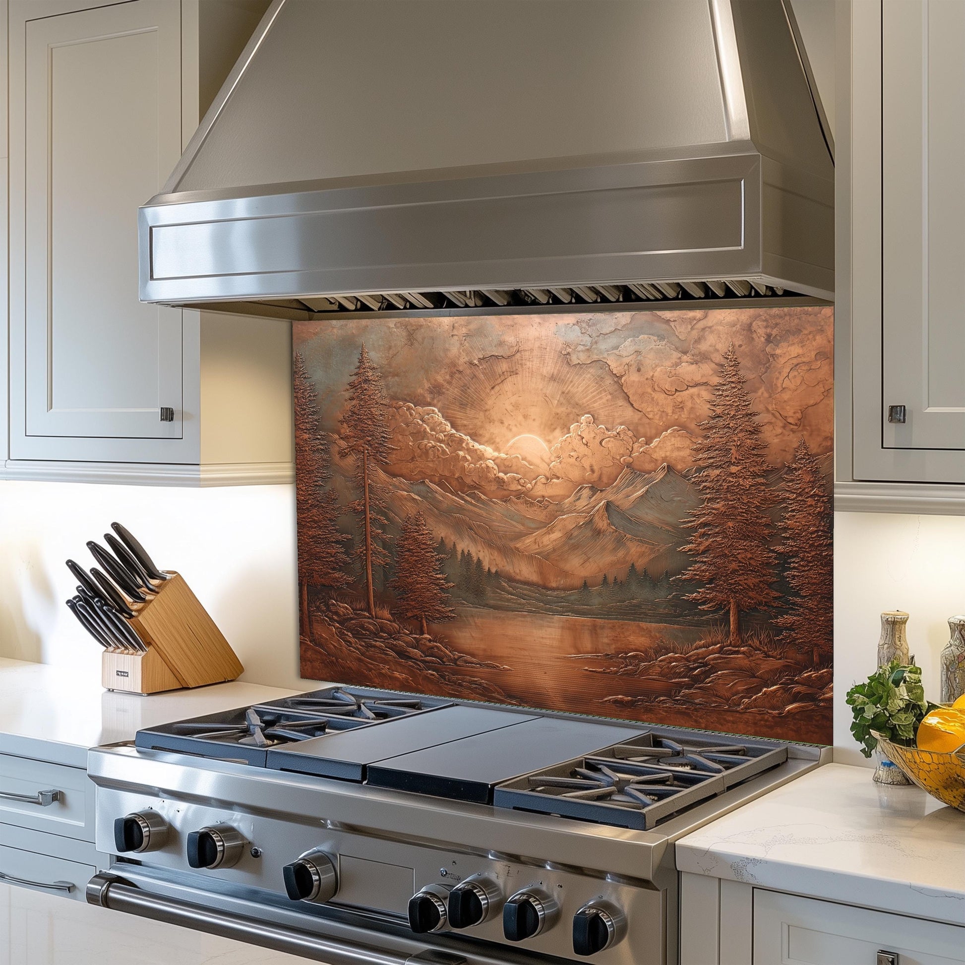 Tempered Glass Mountain Lake Backsplash: Copper-Look Rustic Kitchen Decor