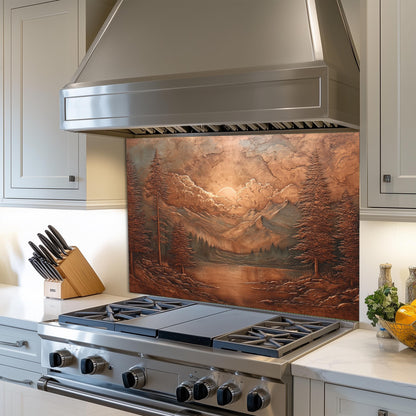 Tempered Glass Mountain Lake Backsplash: Copper-Look Rustic Kitchen Decor