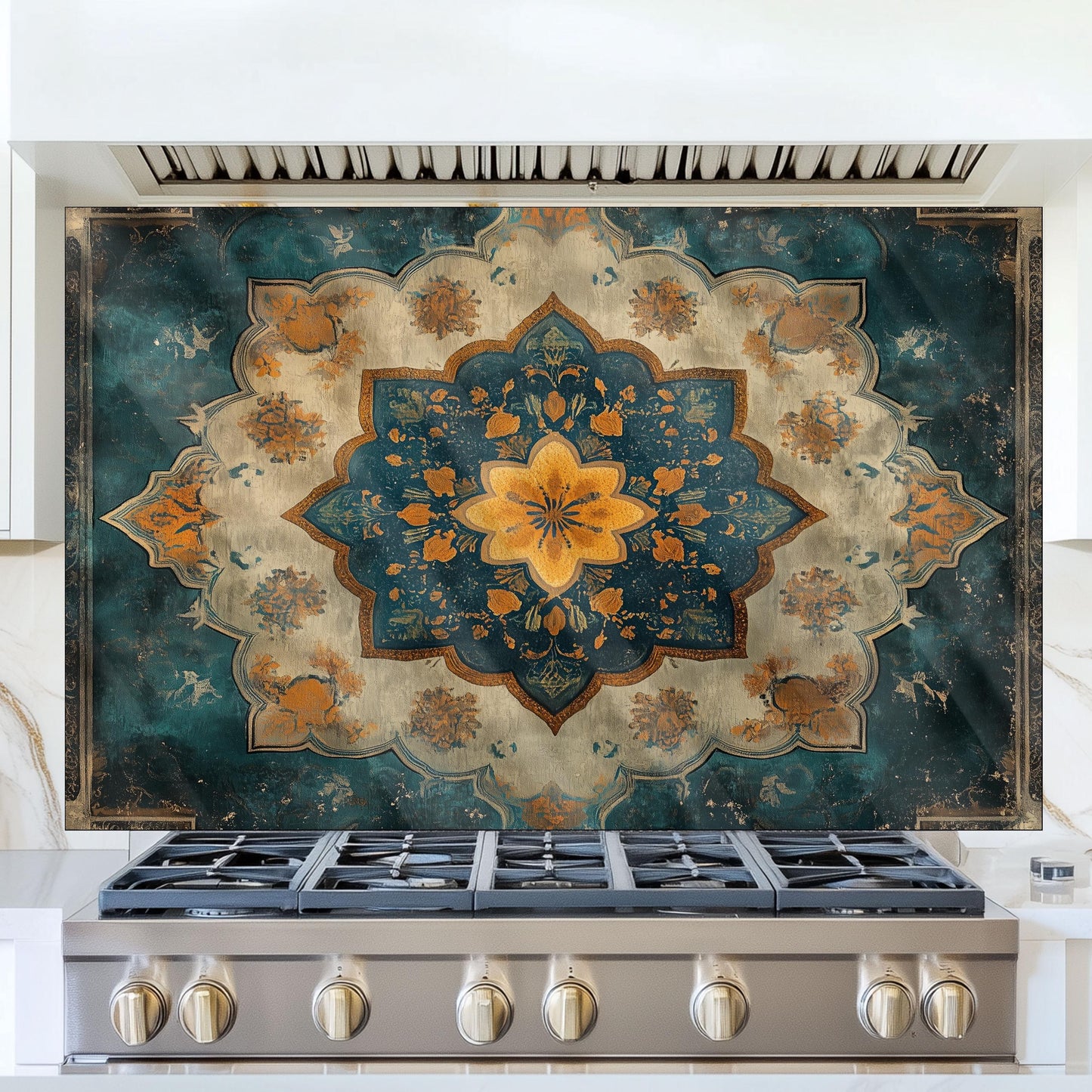 Moroccan Style Glass Backsplash, Blue Geometric Stove Guard, Heat Resistant Easy Clean Kitchen Art