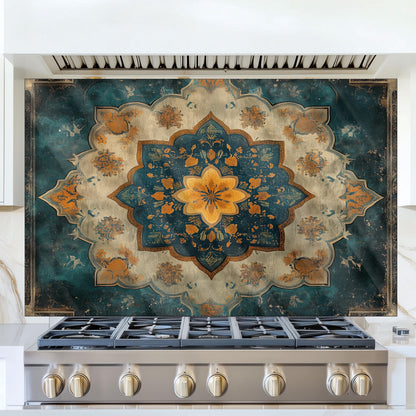Moroccan Style Glass Backsplash, Blue Geometric Stove Guard, Heat Resistant Easy Clean Kitchen Art