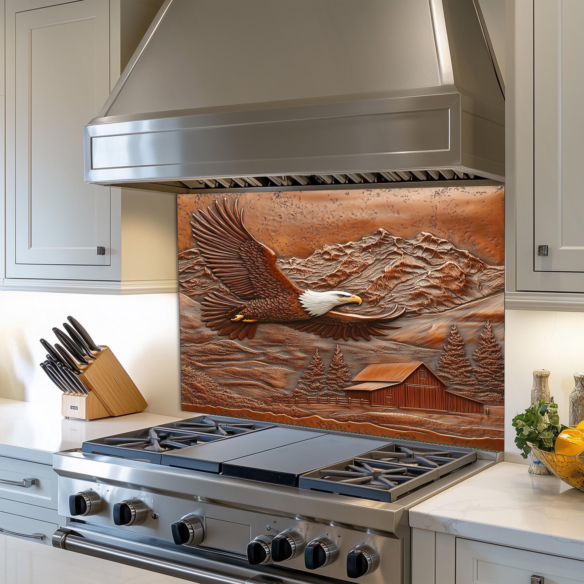 Eagle copper kitchen backsplash, heat-resistant tempered glass, rustic wall protector, easy clean backsplash, farmhouse kitchen wall art, mountain scenery kitchen decor