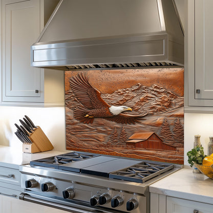 Eagle copper kitchen backsplash, heat-resistant tempered glass, rustic wall protector, easy clean backsplash, farmhouse kitchen wall art, mountain scenery kitchen decor