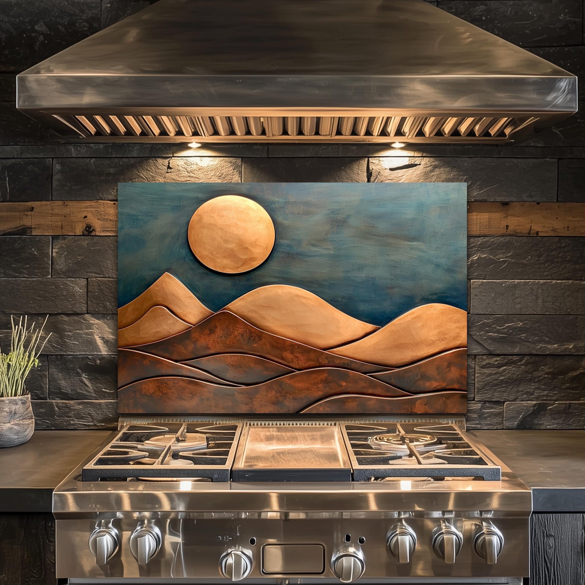 Copper-Effect Mountain Tempered Glass Backsplash: Rustic Kitchen Decor