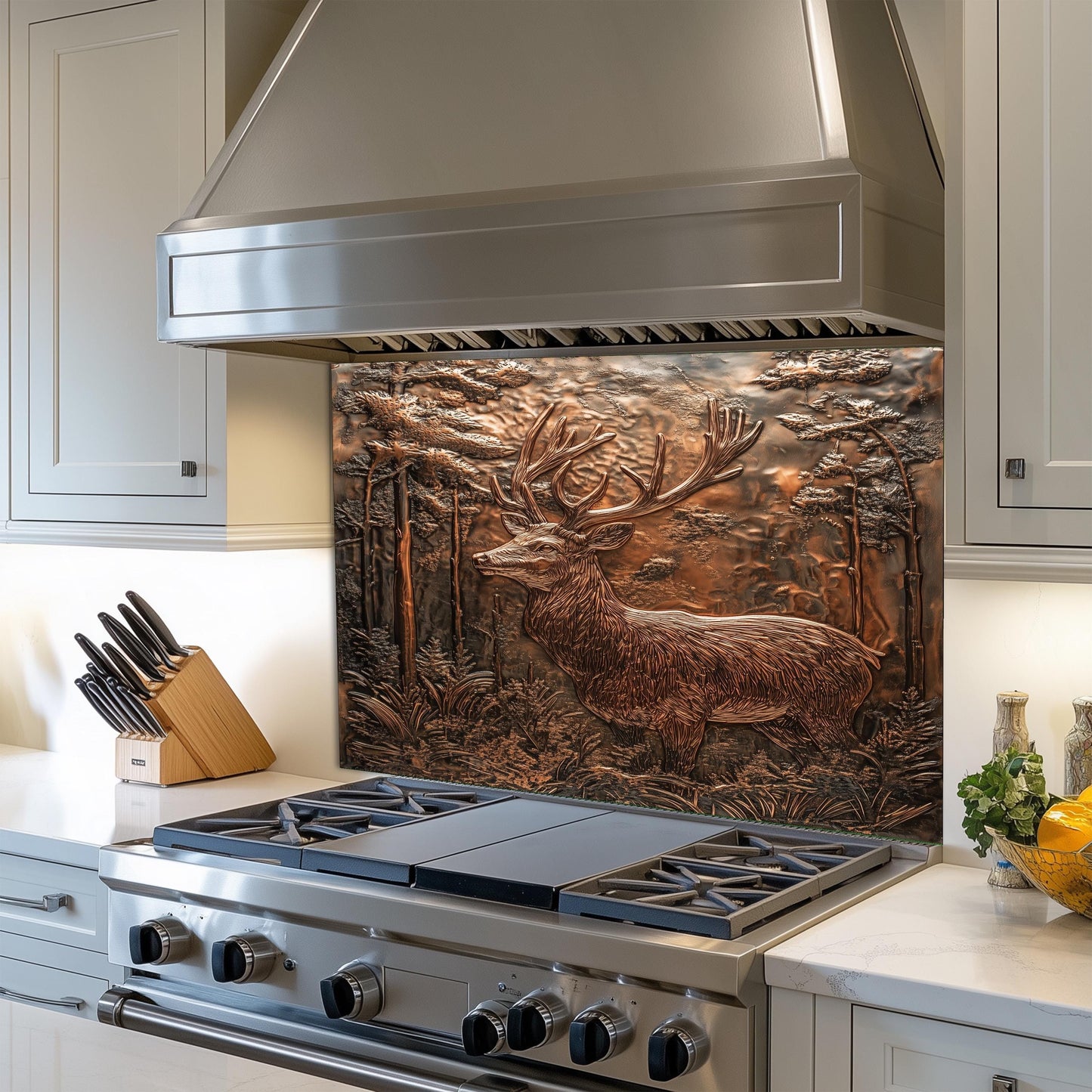 Deer design kitchen backsplash, rustic copper effect, heat-resistant tempered glass, easy clean kitchen wall protector, nature-inspired wall art, cabin kitchen decor, stove backsplash protector