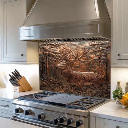 Deer design kitchen backsplash, rustic copper effect, heat-resistant tempered glass, easy clean kitchen wall protector, nature-inspired wall art, cabin kitchen decor, stove backsplash protector