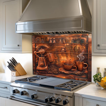 Tempered glass stove backsplash, vintage coffee grinder design, heat-resistant kitchen wall panel, easy clean backsplash, stylish kitchen decor, stove protector, farmhouse kitchen wall art, artistic coffee scene