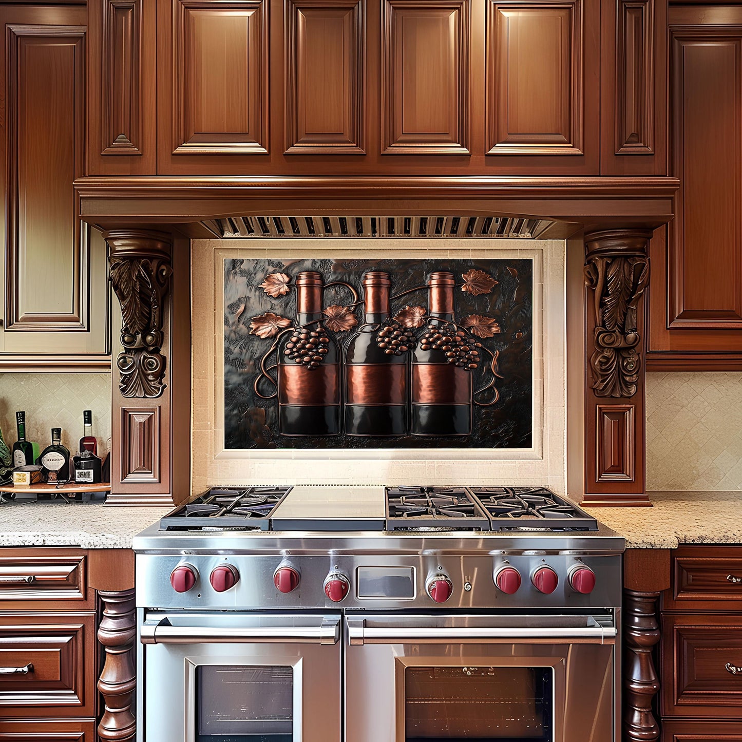 Grape and wine bottle kitchen backsplash, easy clean glass