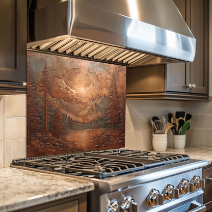 Tempered Glass Mountain Lake Backsplash: Copper-Look Rustic Kitchen Decor