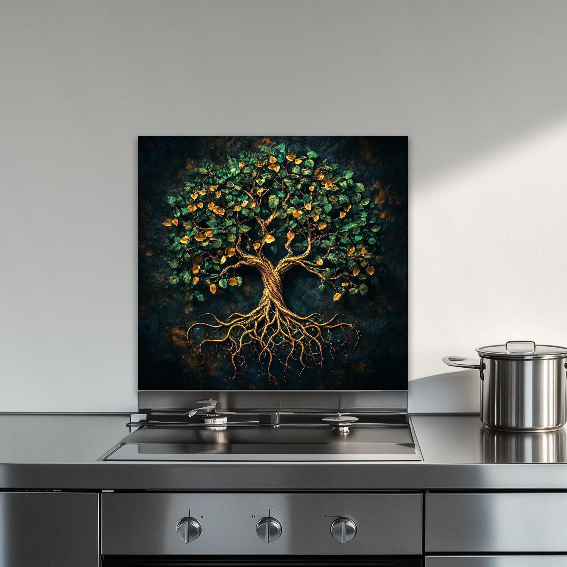 Tree of life glass backsplash, elegant design, heat-resistant tempered glass, kitchen wall protector, artistic backsplash, easy to clean, modern kitchen decor, stove splashback, elegant wall art