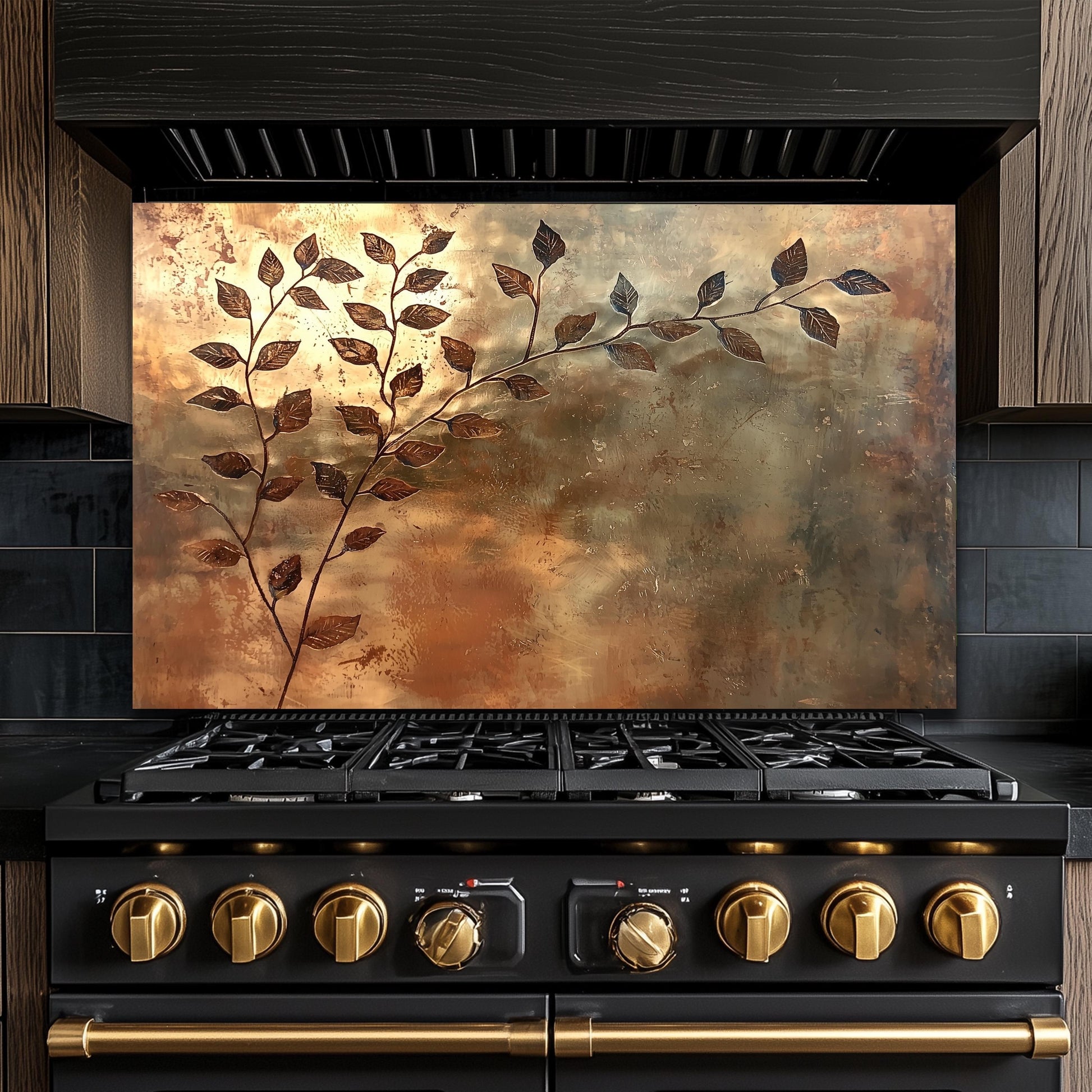 Copper Leaf Tempered Glass Backsplash: Rustic Kitchen Decor
