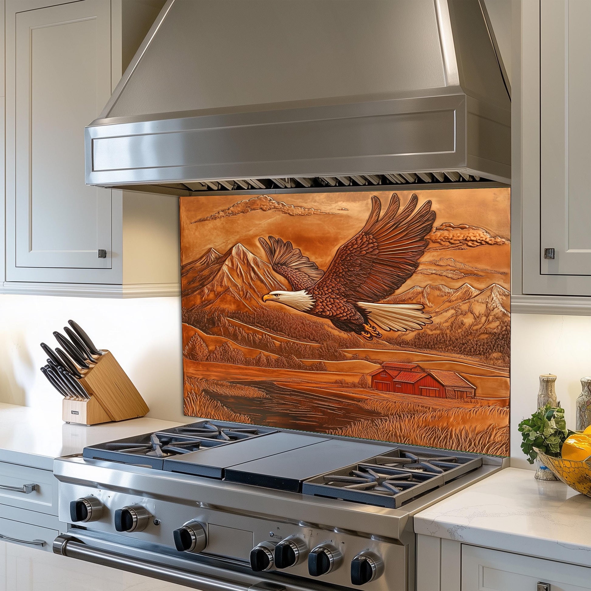 Eagle copper kitchen backsplash, heat-resistant tempered glass, rustic kitchen wall protector, easy clean kitchen backsplash, farmhouse wall decor, kitchen wall protector