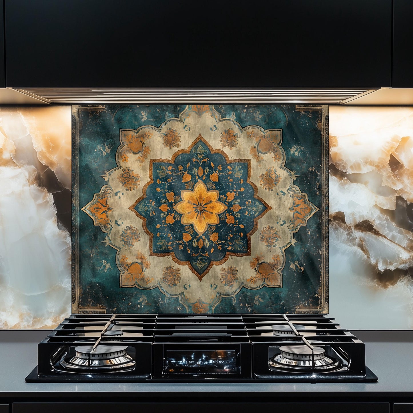 Moroccan Style Glass Backsplash, Blue Geometric Stove Guard, Heat Resistant Easy Clean Kitchen Art