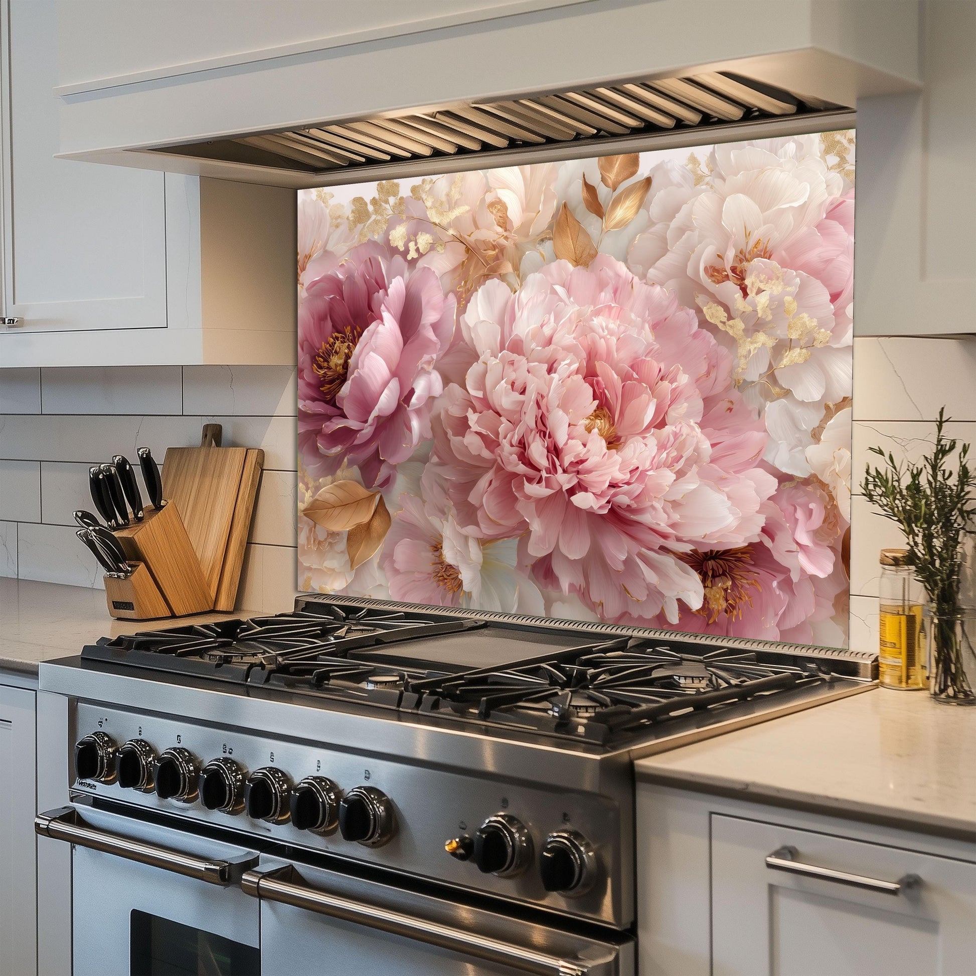 Pink Peony Tempered Glass Kitchen Backsplash: Gold Accent Floral Stove Panel