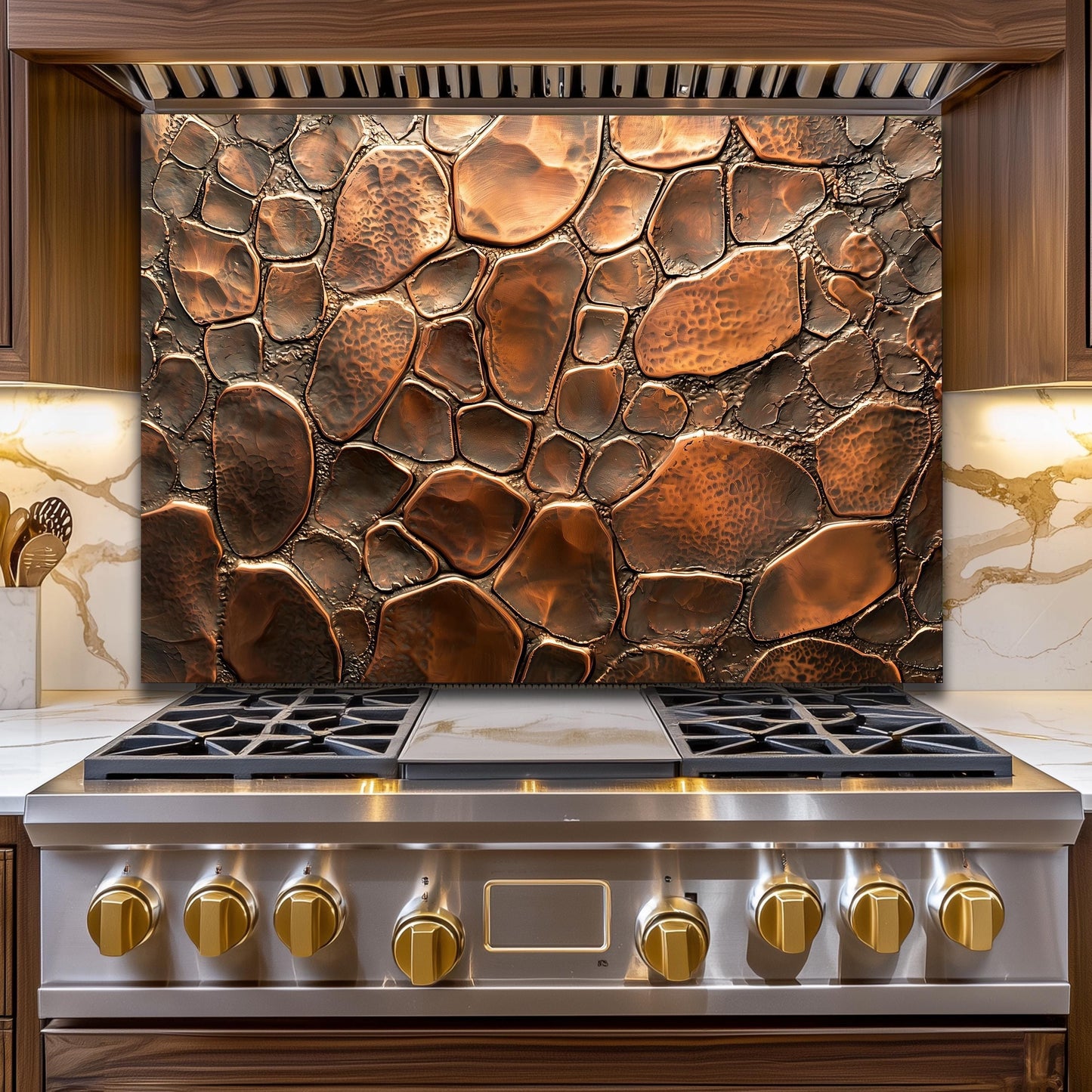 Copper Stone Kitchen Backsplash, Industrial Tempered Glass Art, Custom Size Design