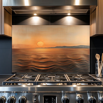 Sunset Ocean Glass Backsplash, Golden Coastal Stove Guard, Heat Resistant Easy Clean Kitchen Art