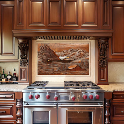 Rustic kitchen backsplash, eagle and mountain design, heat-resistant tempered glass, copper-effect kitchen decor, farmhouse wall protector