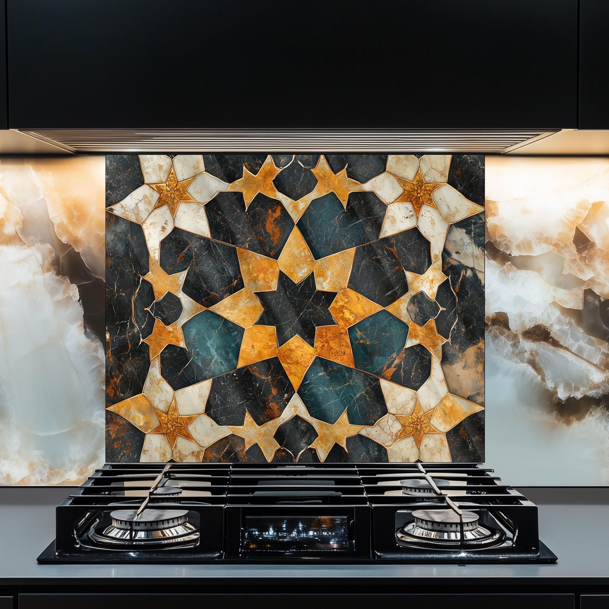 Moroccan Tile Glass Backsplash, Geometric Floral Stove Guard, Heat Resistant Easy Clean Kitchen Art