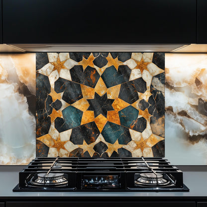Moroccan Tile Glass Backsplash, Geometric Floral Stove Guard, Heat Resistant Easy Clean Kitchen Art
