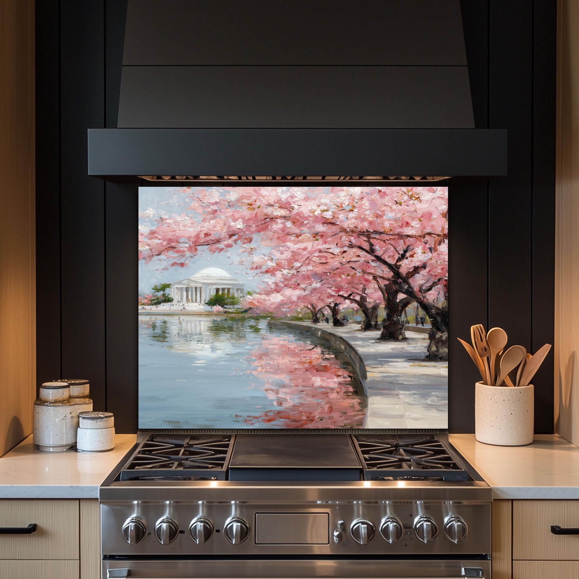 Cherry Blossom Tempered Glass Backsplash – Waterfront Spring Kitchen Panel