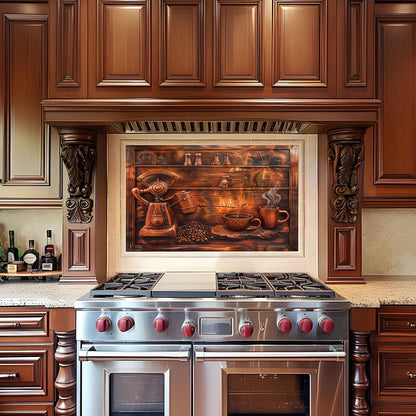 Copper coffee scene glass backsplash, rustic design, heat-resistant tempered glass, kitchen wall protector, artistic backsplash, easy to clean, modern kitchen decor, stove splashback, unique coffee wall art