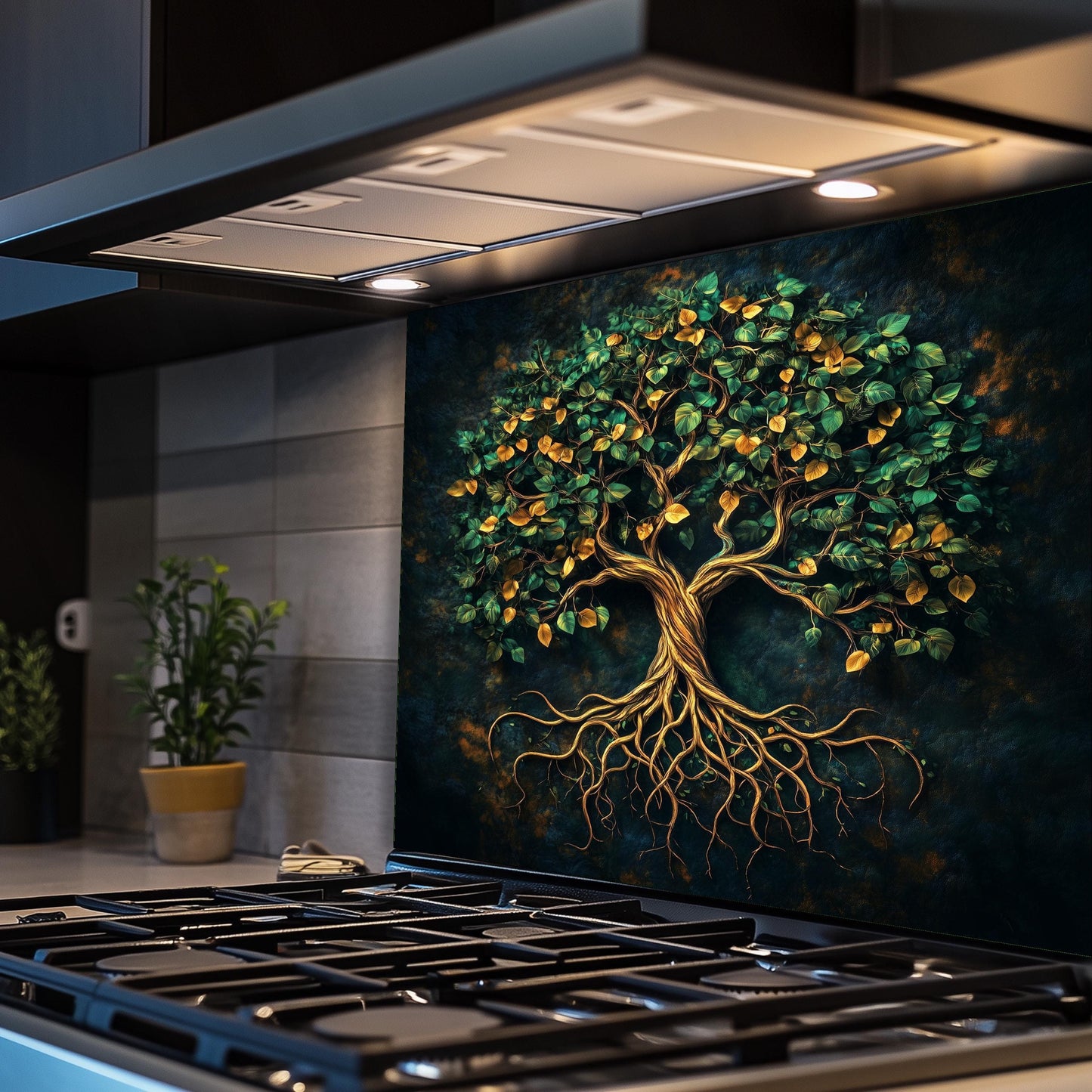 Elegant tree of life backsplash, tempered glass kitchen panel, heat-resistant splashback, easy to clean, stove wall protector, artistic wall art, modern kitchen accent, stylish backsplash, unique design