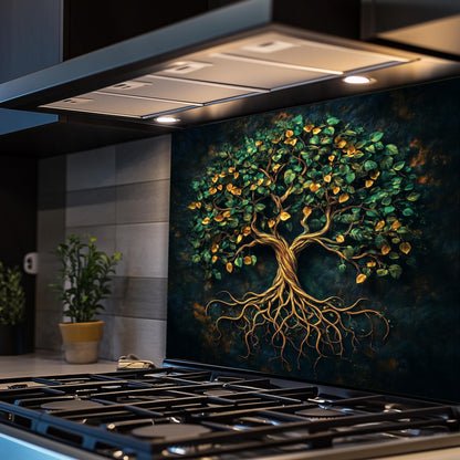 Elegant tree of life backsplash, tempered glass kitchen panel, heat-resistant splashback, easy to clean, stove wall protector, artistic wall art, modern kitchen accent, stylish backsplash, unique design