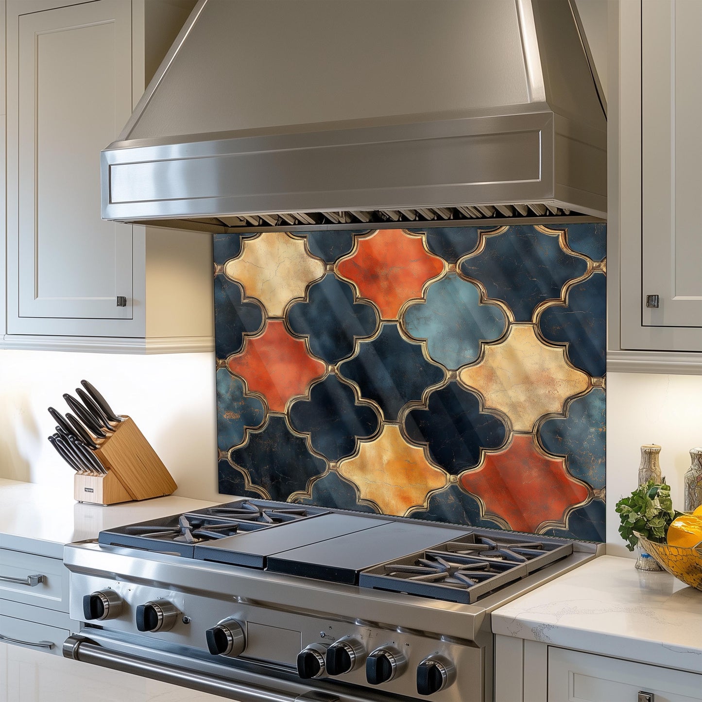 Moroccan Navy & Gold Backsplash, Heat Resistant Stove Guard, Custom Size Glass Art