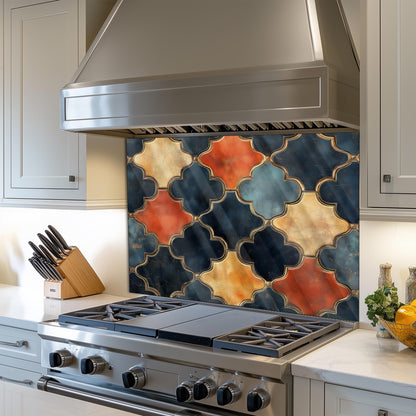 Moroccan Navy & Gold Backsplash, Heat Resistant Stove Guard, Custom Size Glass Art