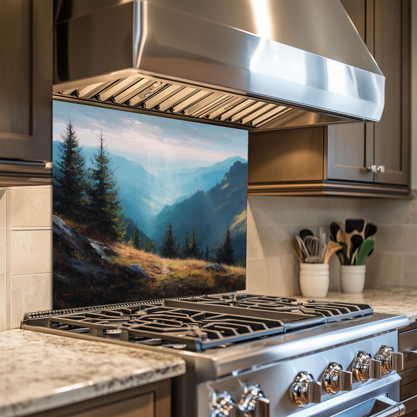 Misty Mountain Tempered Glass Backsplash: Heat-Resistant Stove Panel