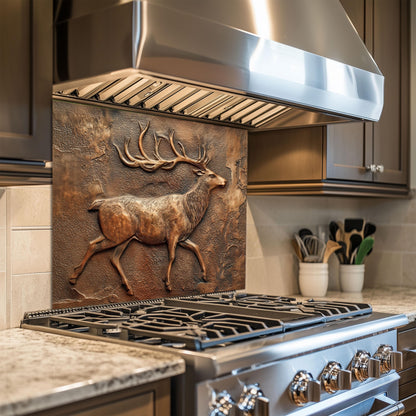 Rustic Deer Backsplash: Embossed Copper Stag Tempered Glass Stove Panel