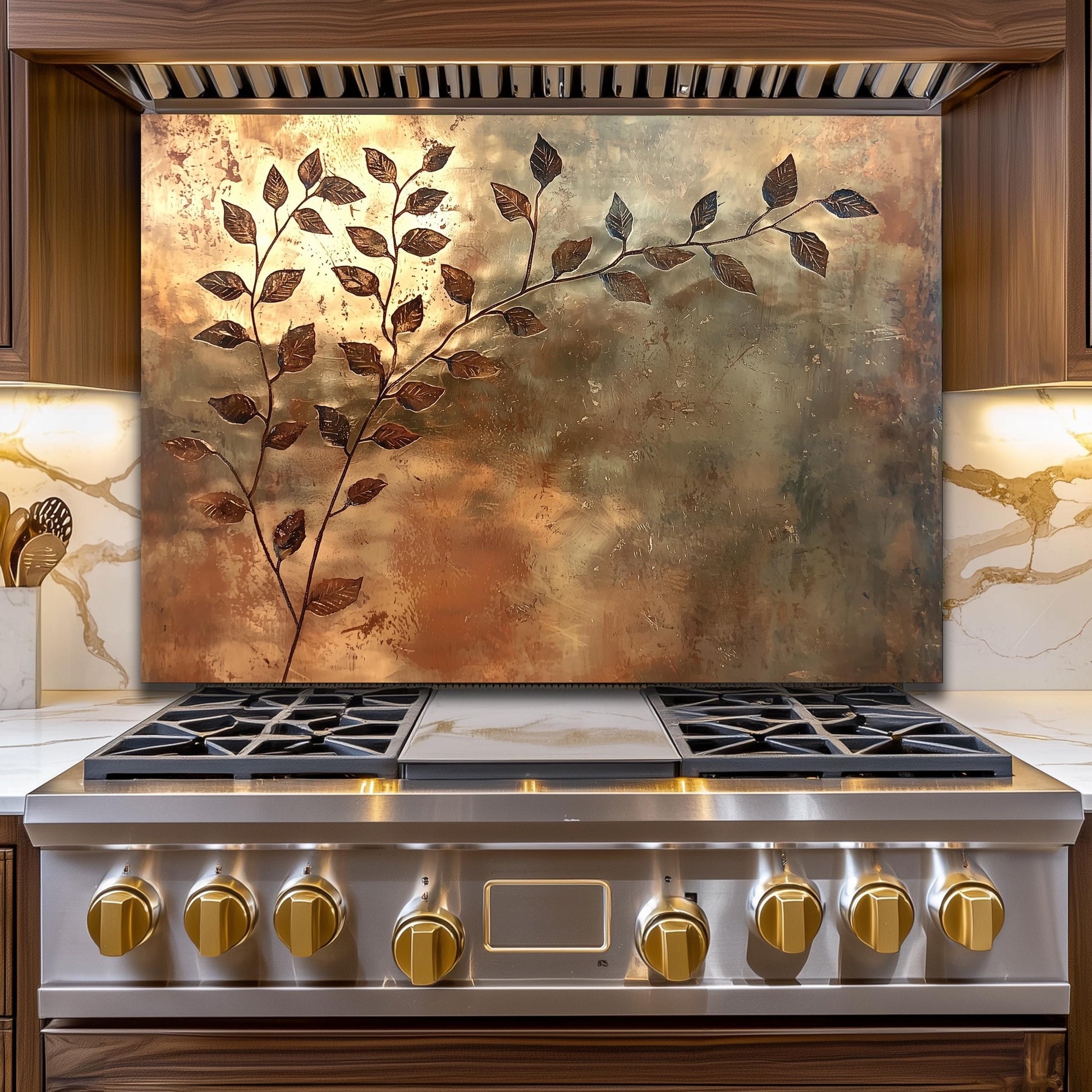 Copper Leaf Tempered Glass Backsplash: Rustic Kitchen Decor