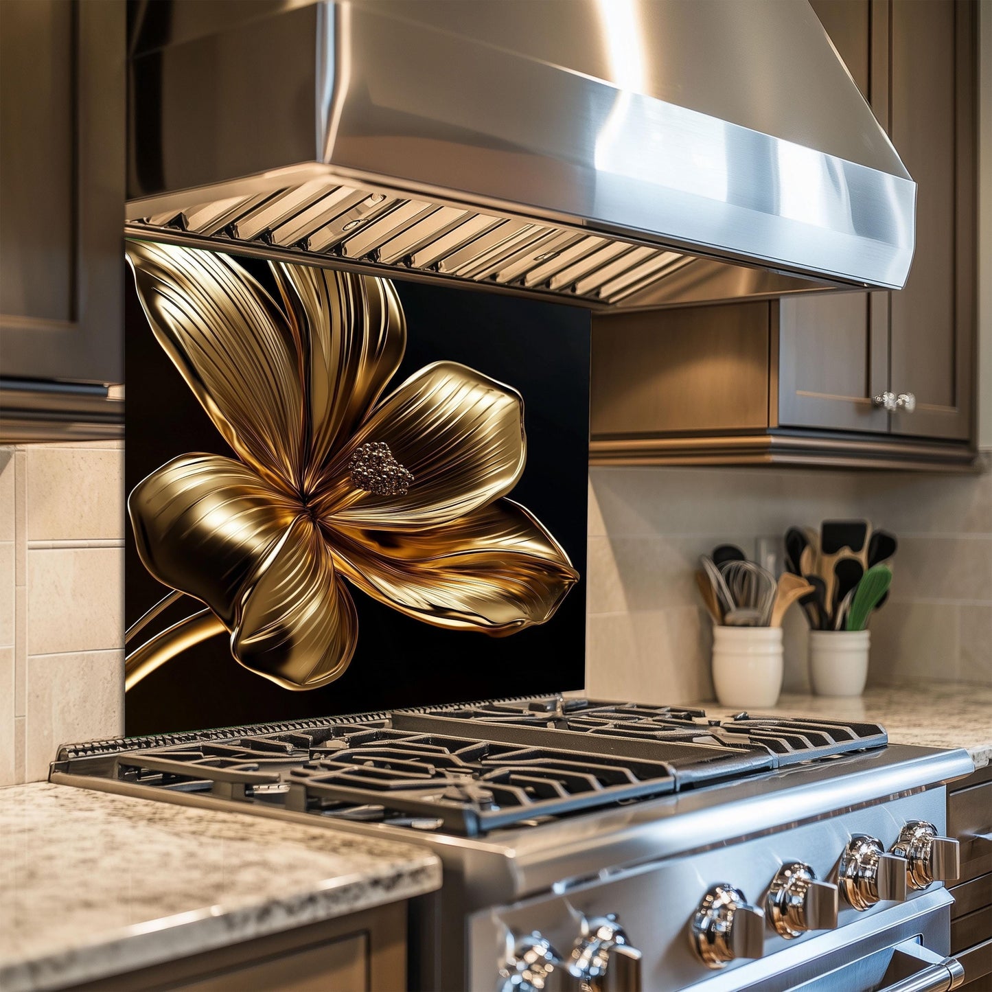 Golden Flower Tempered Glass Kitchen Backsplash: Decorative Wall Art