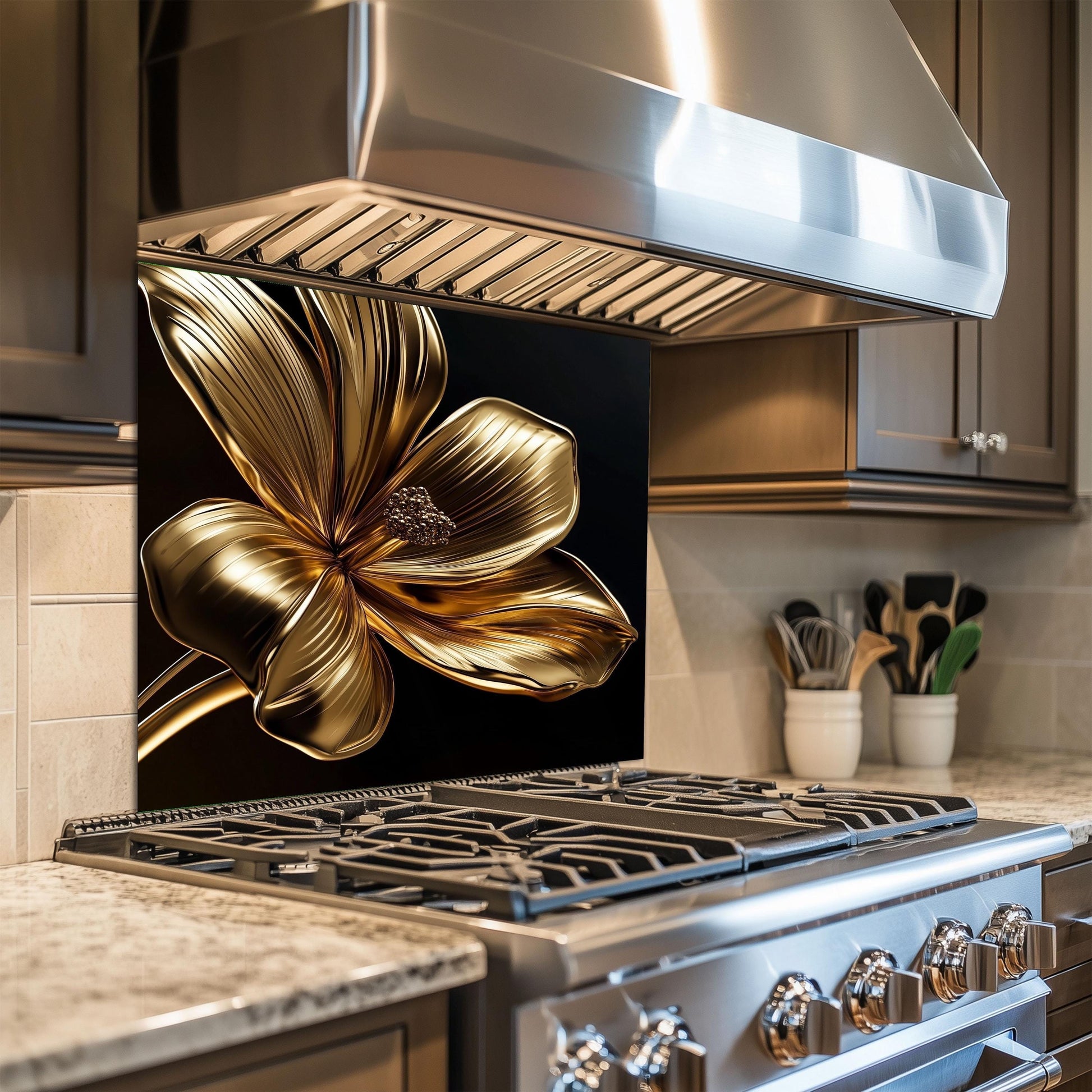 Golden Flower Tempered Glass Kitchen Backsplash: Decorative Wall Art