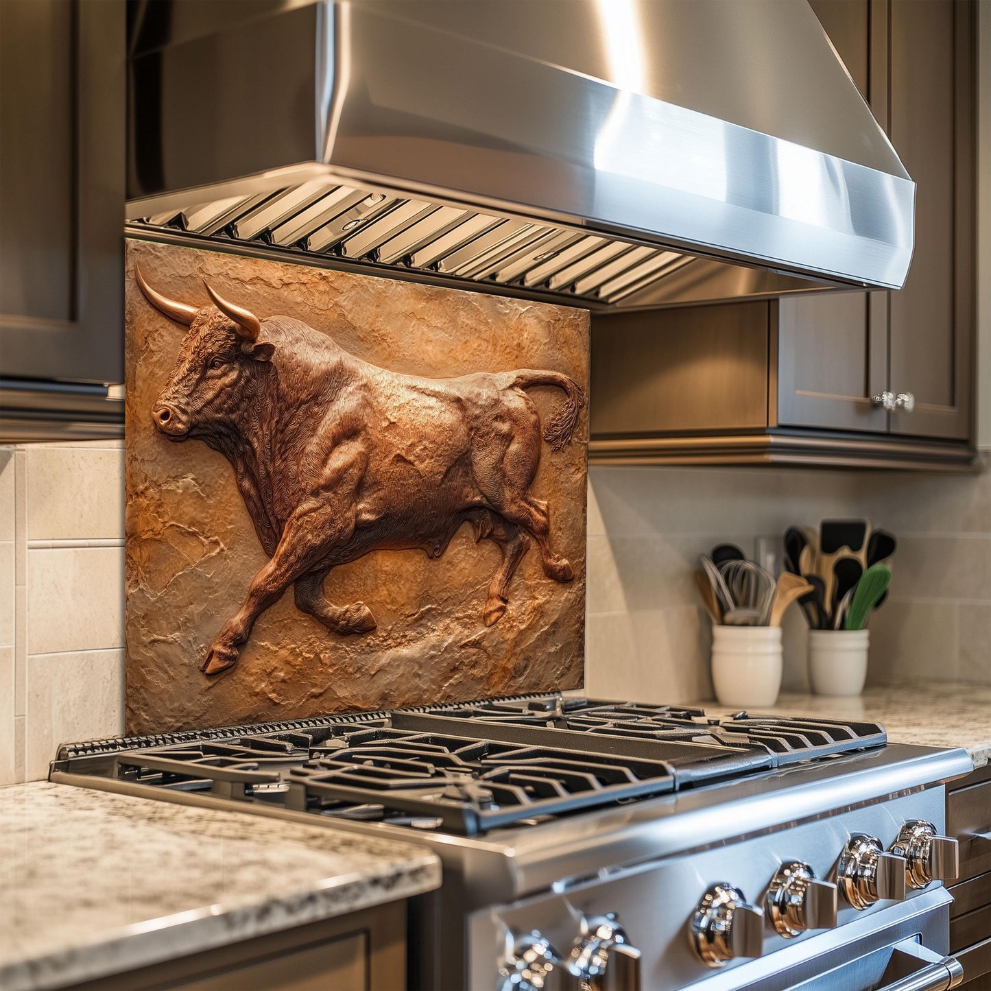 Copper Heron Tempered Glass Backsplash: Rustic Farmhouse Kitchen Wall Art