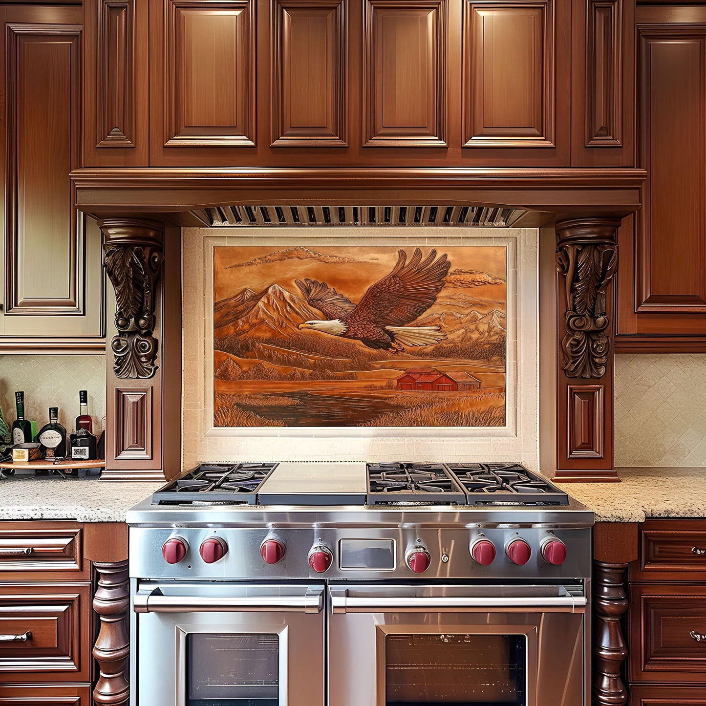 Farmhouse kitchen backsplash, eagle and mountain design, heat-resistant tempered glass, rustic copper-effect backsplash, easy clean kitchen wall protector