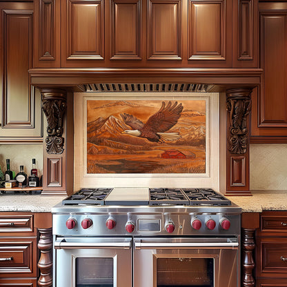 Farmhouse kitchen backsplash, eagle and mountain design, heat-resistant tempered glass, rustic copper-effect backsplash, easy clean kitchen wall protector