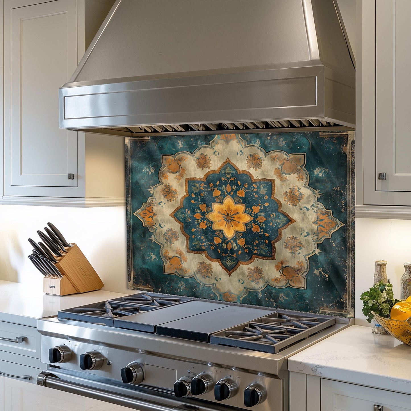 Moroccan Style Glass Backsplash, Blue Geometric Stove Guard, Heat Resistant Easy Clean Kitchen Art
