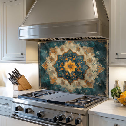 Moroccan Style Glass Backsplash, Blue Geometric Stove Guard, Heat Resistant Easy Clean Kitchen Art