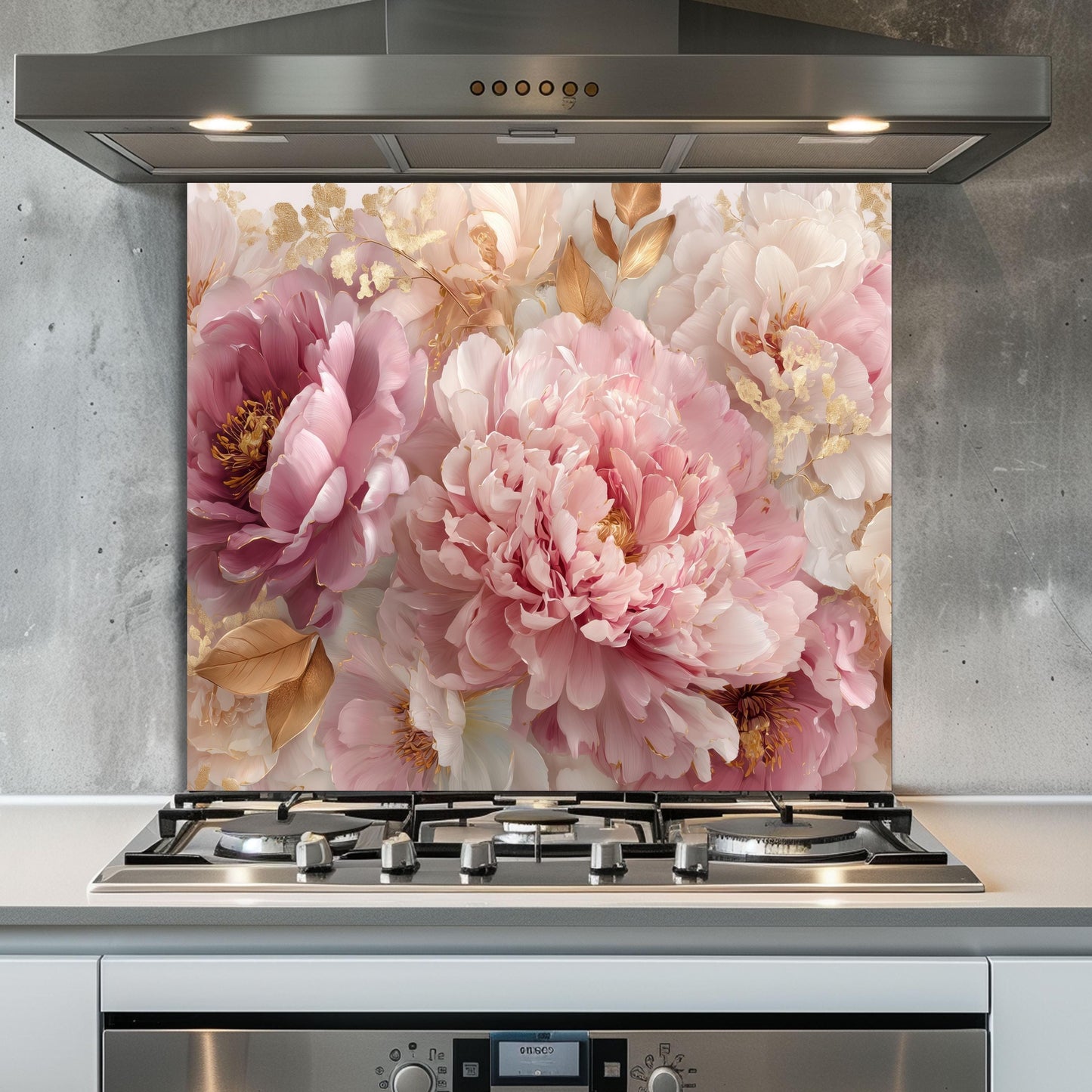 Pink Peony Tempered Glass Kitchen Backsplash: Gold Accent Floral Stove Panel