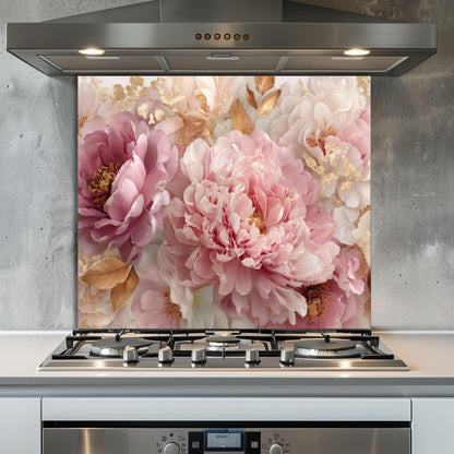 Pink Peony Tempered Glass Kitchen Backsplash: Gold Accent Floral Stove Panel