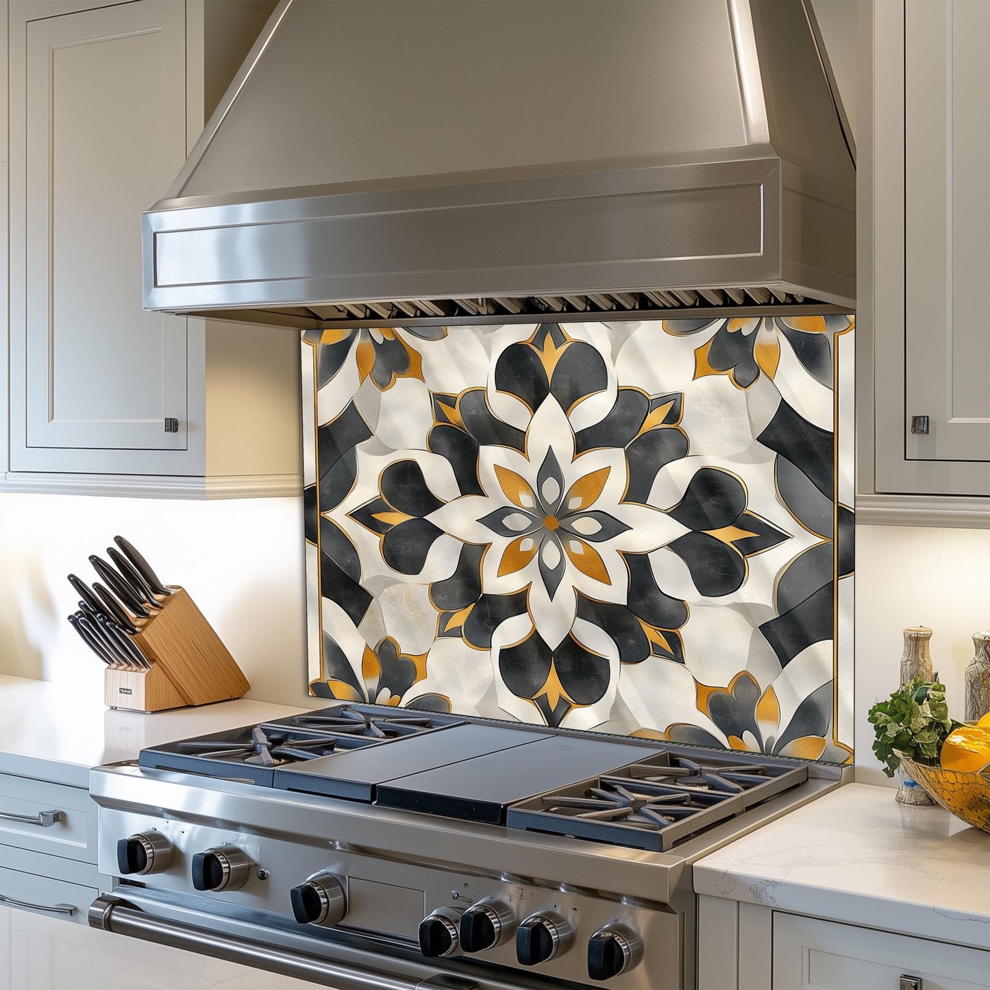 Navy & Orange Moroccan Backsplash, Heat Resistant Stove Guard, Custom Size Glass Art