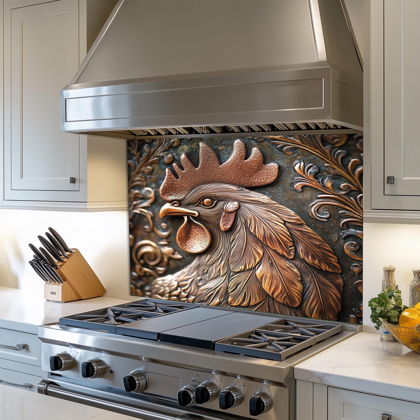 Rustic Rooster Kitchen Backsplash, Copper Texture Tempered Glass Art, Custom Size Design