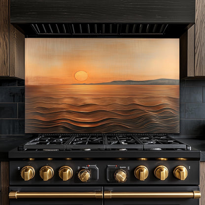Sunset Ocean Glass Backsplash, Golden Coastal Stove Guard, Heat Resistant Easy Clean Kitchen Art