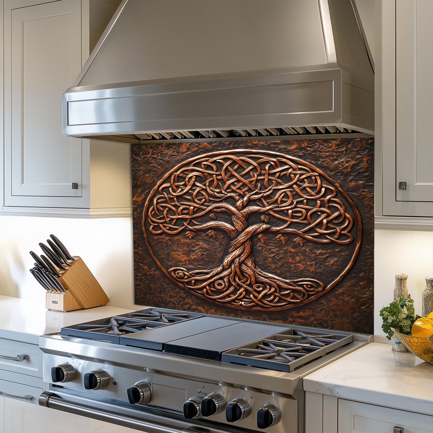 a stove top oven sitting under a metal hood