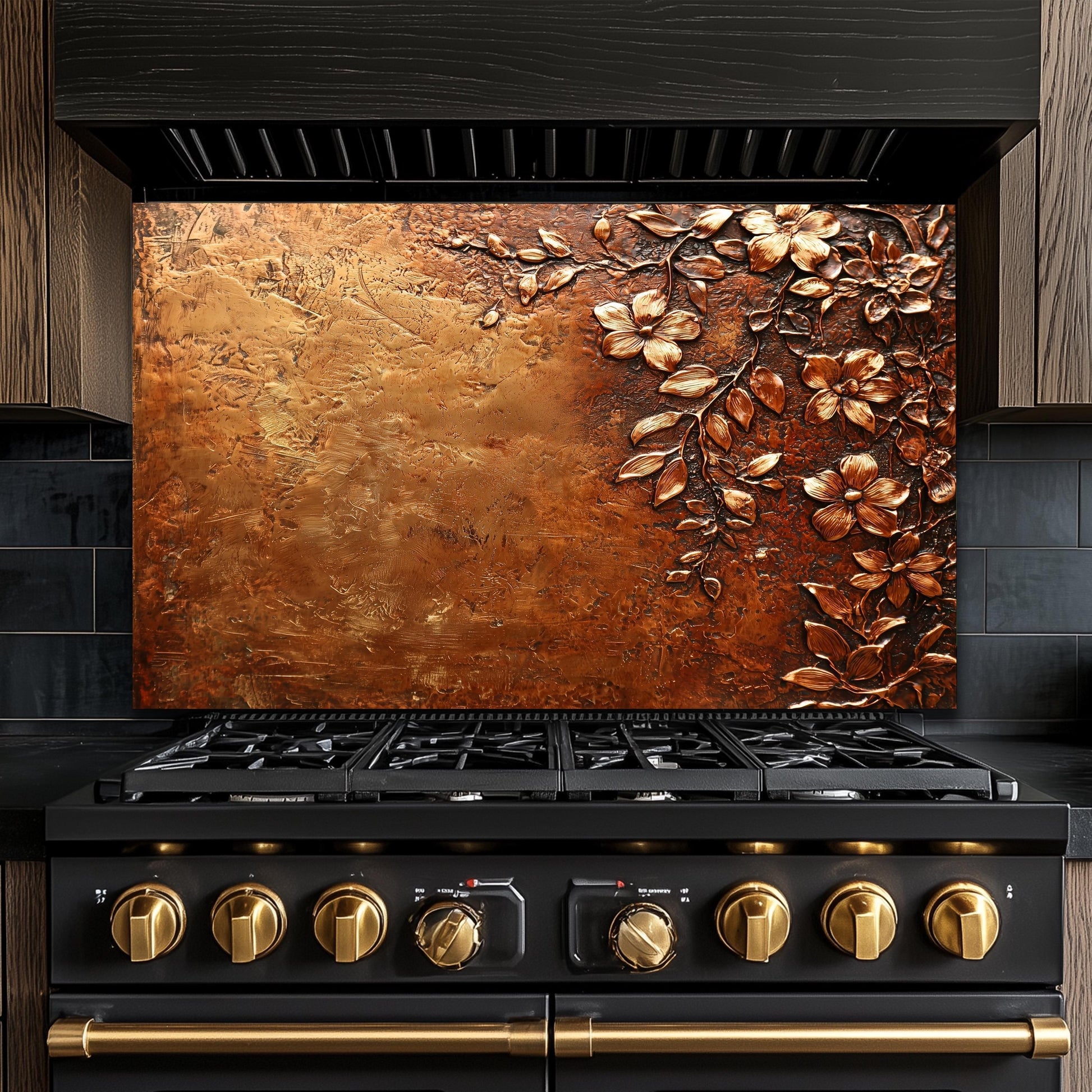 Floral Copper-Effect Tempered Glass Kitchen Backsplash: Rustic Heron Design