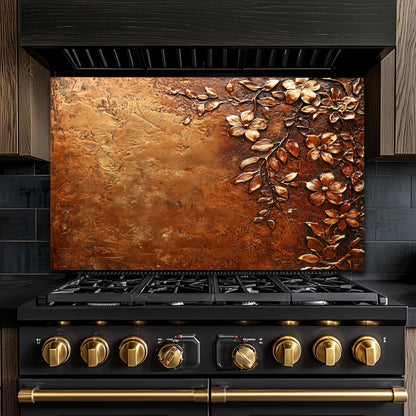 Floral Copper-Effect Tempered Glass Kitchen Backsplash: Rustic Heron Design