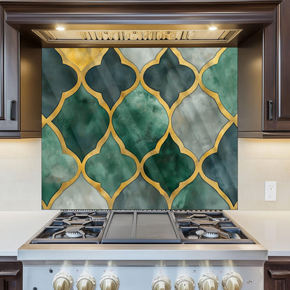 Moroccan Style Glass Backsplash, Blue Geometric Stove Guard, Heat Resistant Easy Clean Kitchen Art