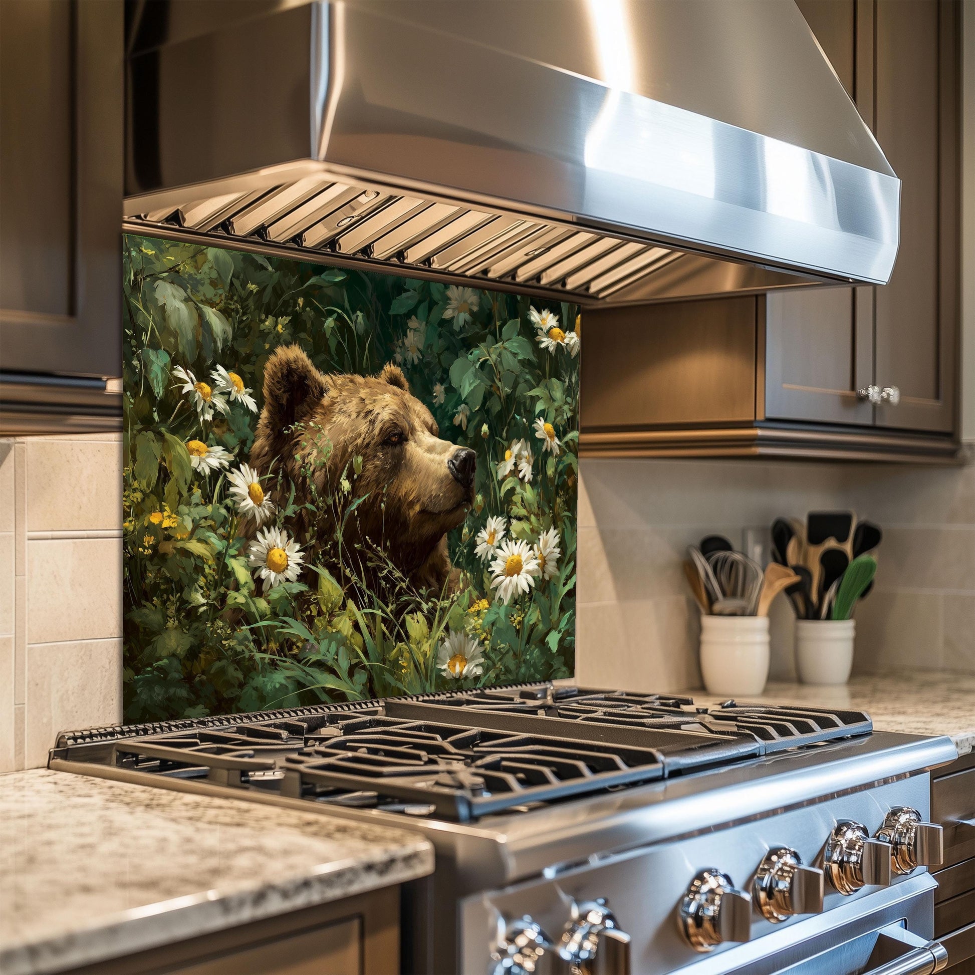Copper Bear Kitchen Backsplash, Rustic Mountain Landscape Tempered Glass, Custom Size Design